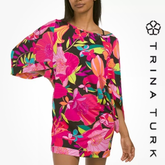 New  Trina Turk SOLAR FLORAL TUNIC SWIM COVER UP Dress Beach Resort Cruise SZ M - Picture 1 of 7